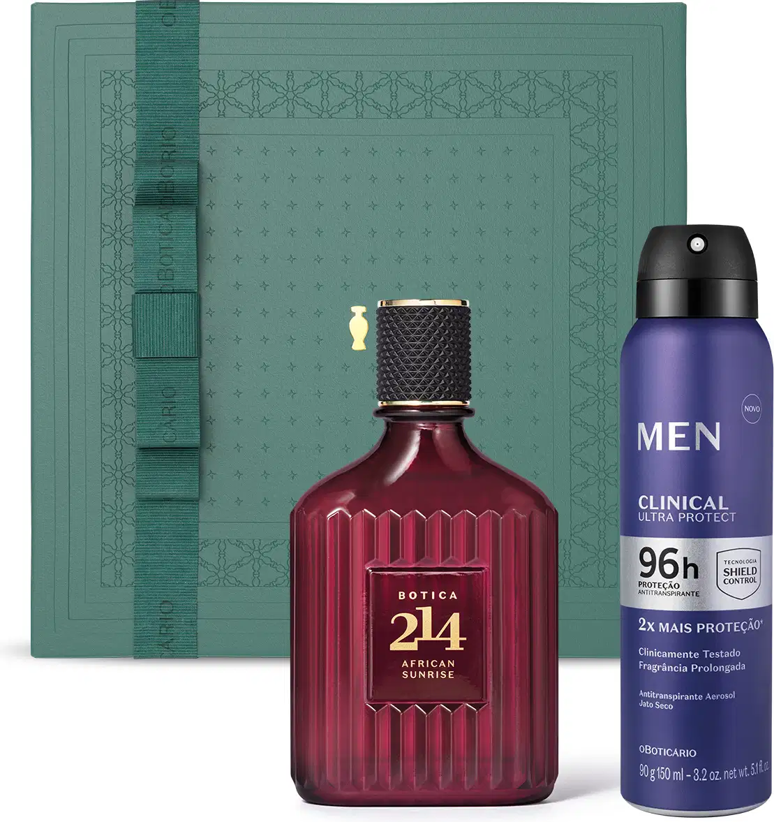 Imagem de um vidro de Eau de Parfum da marca Botica 214 em tom vermelho escuro com detalhes dourados, acompanhado de embalagem verde cde desodorante aerossol da marca Men e caixa de presente verde escura.
