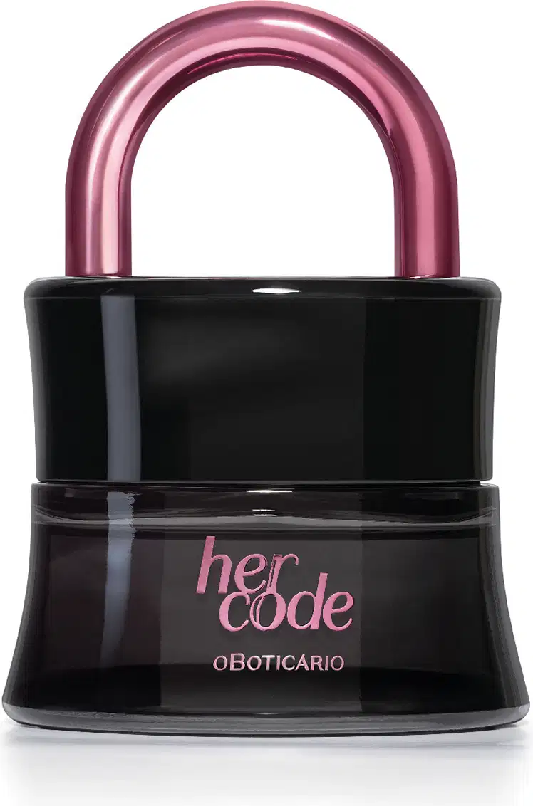 Imagem de um vidro preto em formato de cadeado com arco roxo metálico e letras na mesma tonalidade contendo 50ml de Eau de Parfum Her Code Touch.