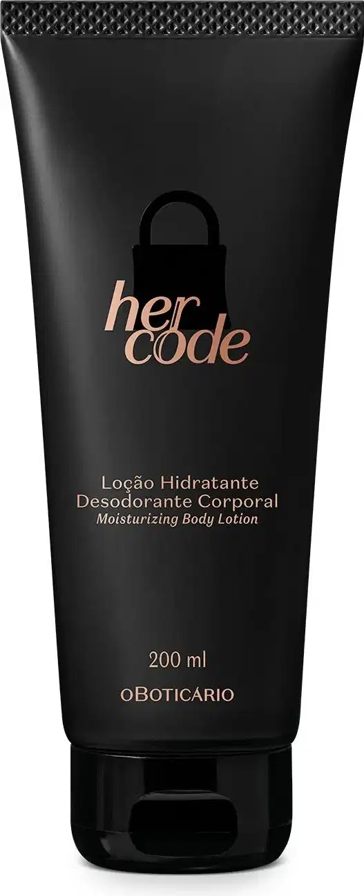 Imagem de uma bisnaga preta de loção hidratante desodorante corporal da marca Her Code, com textura aveludada e rótulo em tom rosado com nome da marca e informações do produto.