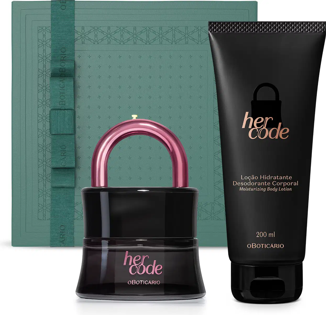 Imagem de um vidro preto em formato de cadeado de Eau de Parfum Her Code Touch, uma bisnaga preta de loção hidratante corporal da mesma marca e uma caixa de presente verde escura com detalhe dourado.
