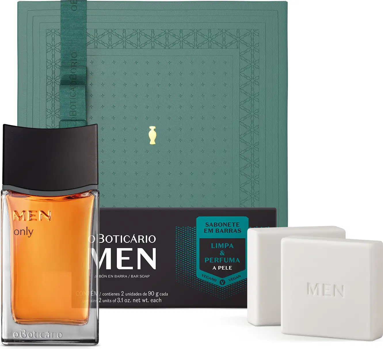 Imagem de um kit de produtos masculinos da marca Men, incluindo frasco de desodorante colônia laranja da linha Only, sabonete em barra branco e caixa verde com formato geométrico.