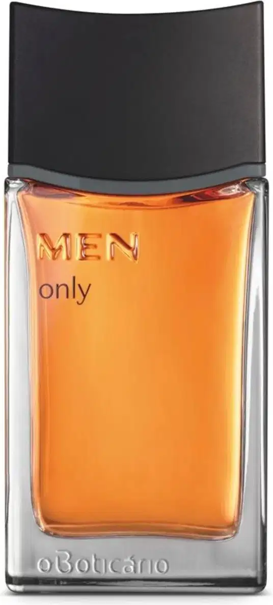 Imagem de vidro de item de desodorante colônia da marca Men Only, com formato retangular e tampa preta, contendo líquido de cor laranja, com rótulo em destaque.