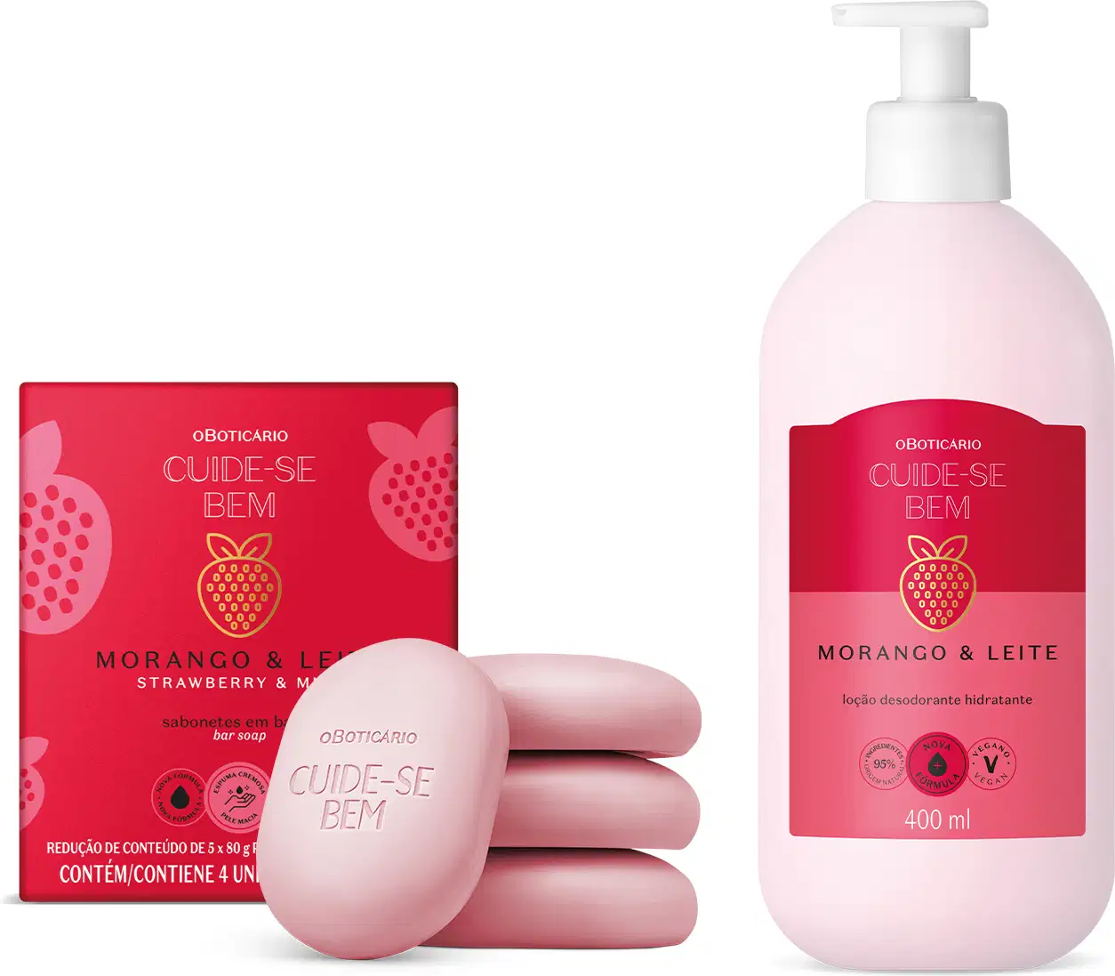 Imagem de uma caixa vermelha, quatro sabonetes em barra na cor rosa e frasco branco de loção hidratante corpora, todas em tons de vermelho, rosa e branco da marca Cuide-se Bem Morango e Leite, exibindo imagens de morangos nas embalagens.