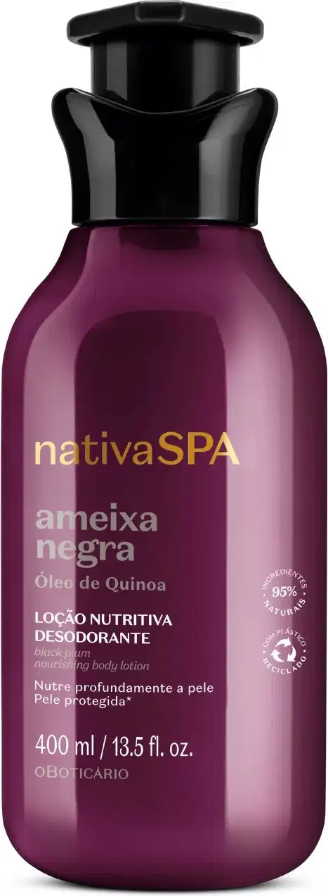 Imagem de um frasco na cor vinho com tampa dosadora preta e rótulo com letras douradas e brancas contendo 400ml de loção hidratante desodorante corporal Nativa SPA Ameixa Negra.
