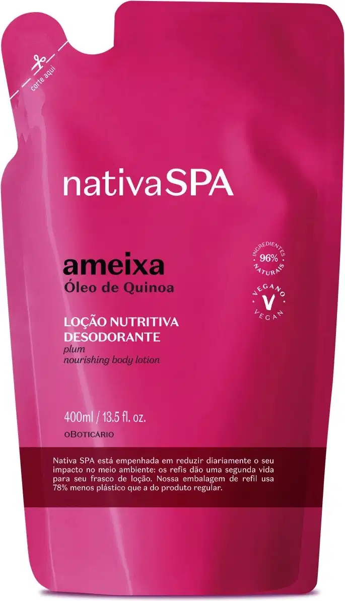 Imagem de um refil em sachê rosa vibrante com detalhe vermelho e letras douradas, pretas e brancas contendo 350ml de loção hidratante desodorante corporal Nativa SPA Ameixa.
