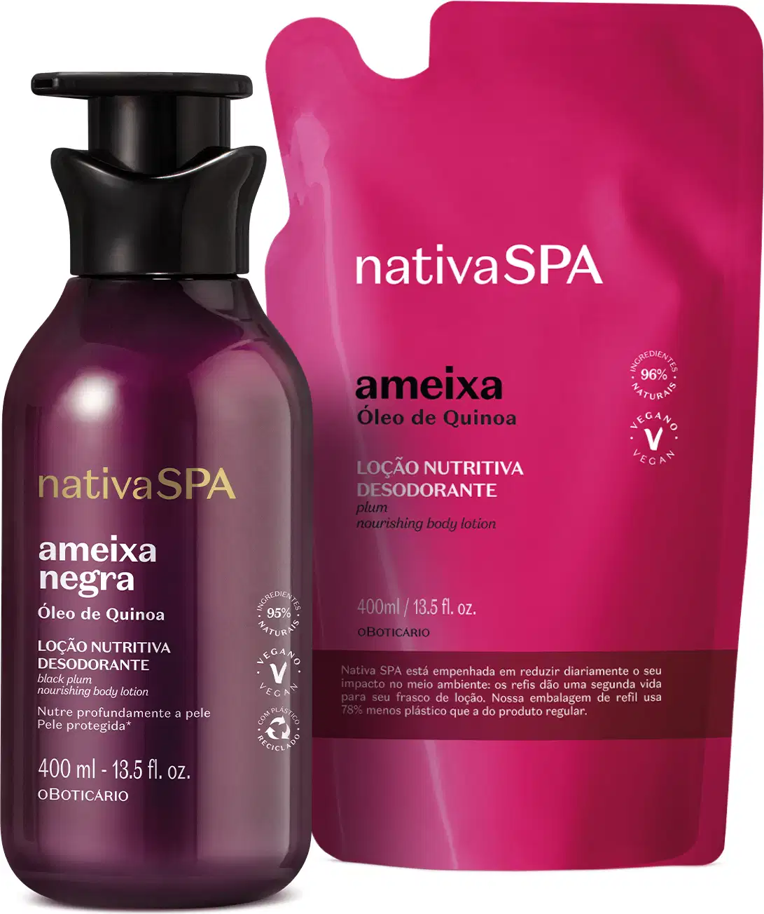 Imagem de duas embalagens contendo loção hidratante corporal Nativa SPA: um frasco vinho com tampa preta da linha Ameixa Negra e um refil em sachê rosa vibrante d linha Ameixa.