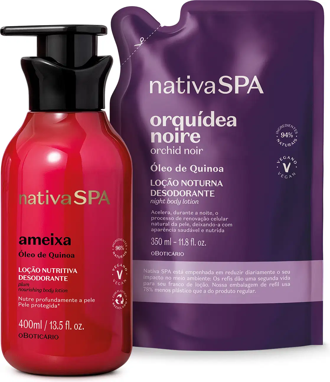 Imagem de duas embalagens contendo loção hidratante corporal Nativa SPA: um frasco rosa vibrante com tampa preta da linha Ameixa e um refil em sachê roxo da linha Orquídea Noire.