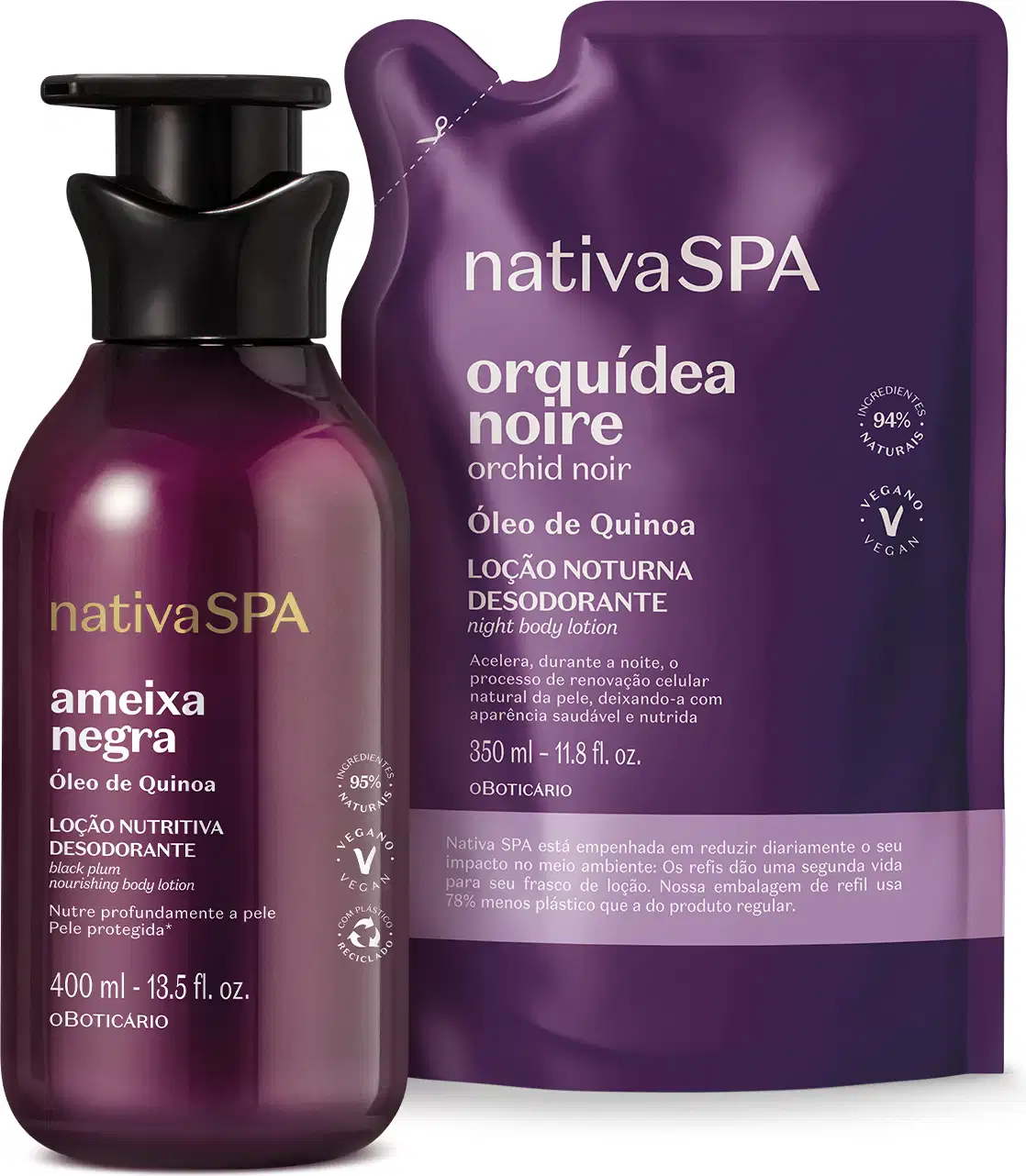 Imagem de duas embalagens de loção hidratante corporal Nativa SPA sendo um frasco vinho com tampa preta da linha Ameixa Negra e um sachê roxo da linha Orquídea Noire.