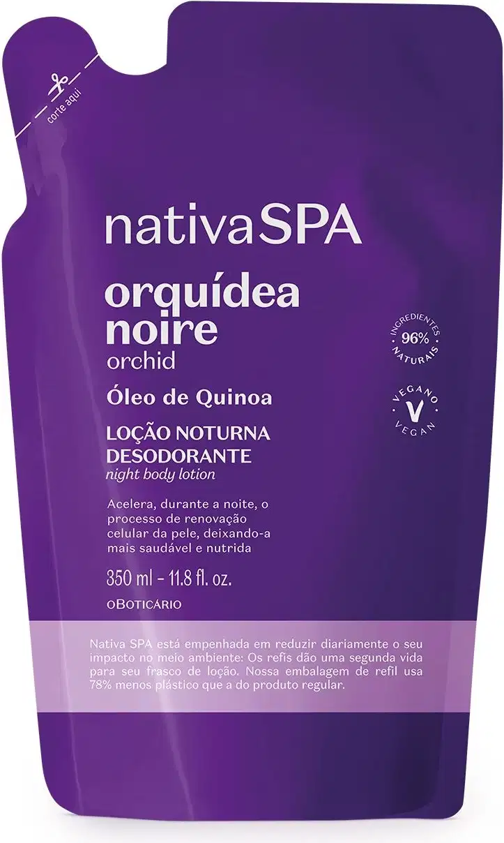 Imagem de um refil em sachê na cor roxa com detalhe lilás e letras douradas e brancas contendo 350ml de loção hidratante corporal Nativa SPA Orquídea Noire.