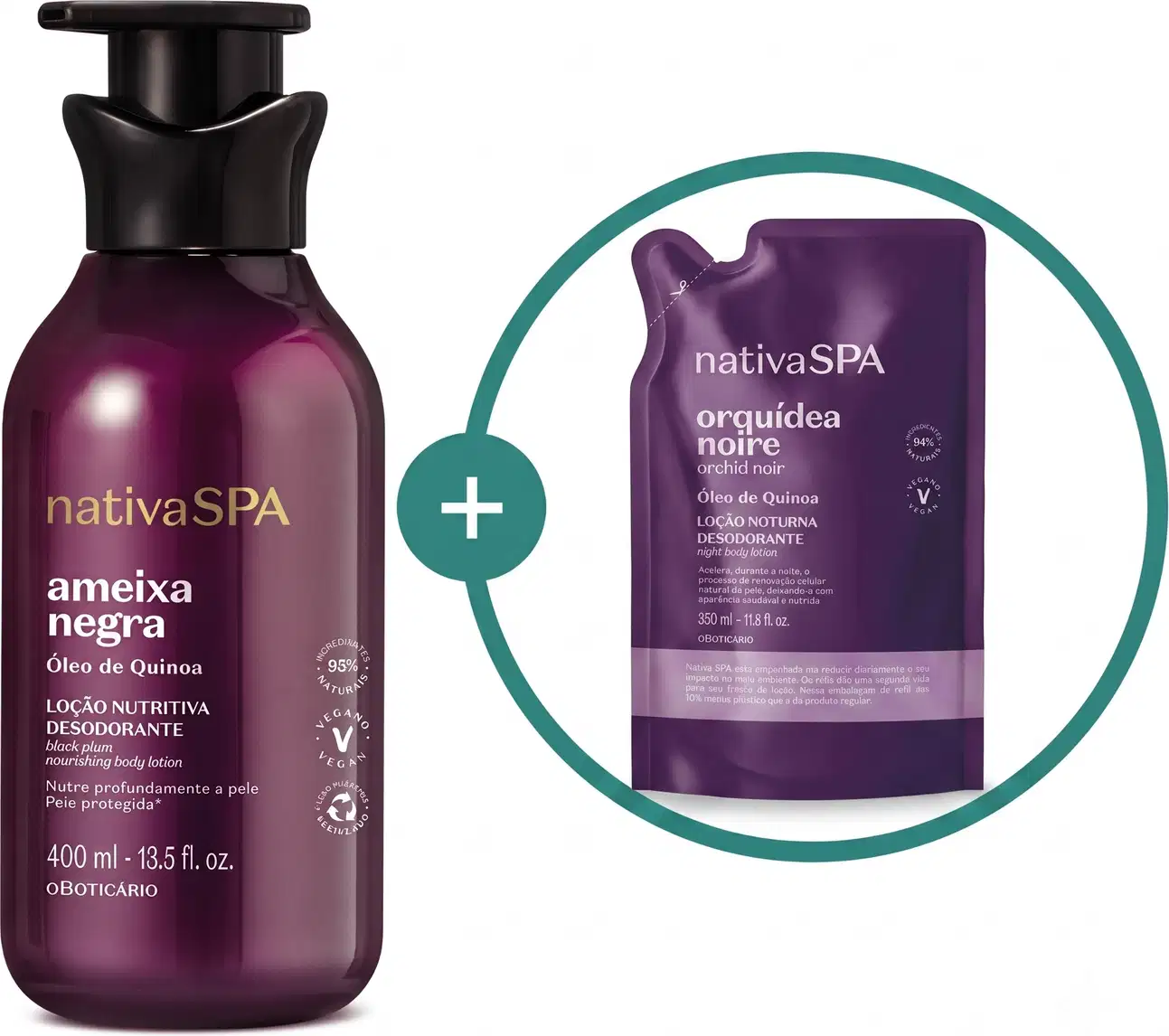 Imagem de duas embalagens de loção hidratante corporal Nativa SPA sendo um frasco vinho com tampa preta da linha Ameixa Negra e um sachê roxo da linha Orquídea Noire.