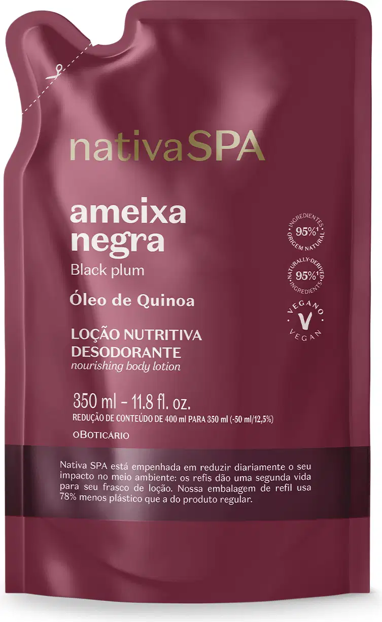 Imagem de um refil de 350ml contendo loção hidratante corporal Nativa SPA Ameixa Negra em sachê na cor vinho e letras douradas e brancas.