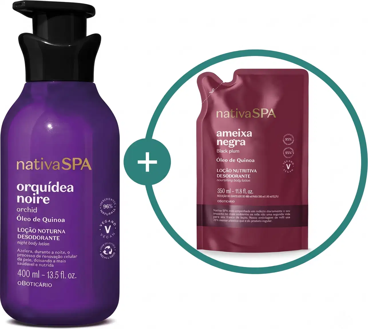 Imagem de duas embalagens contendo loção hidratante corporal Nativa SPA: um frasco roxo com tampa dosadora da linha Orquídea Noire e um sachê vinho da linha Ameixa Negra.