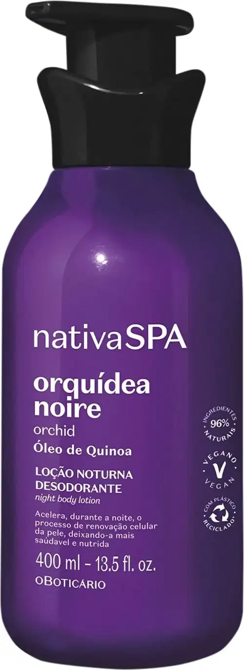 Imagem de um frasco roxo com tampa dosadora preta e letras douradas e brancas contendo 400ml de loção hidratante corporal Nativa SPA Orquídea Noire.