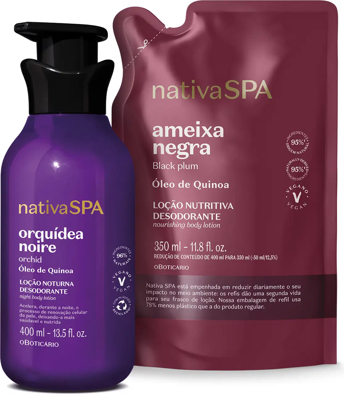Imagem de duas embalagens contendo loção hidratante corporal Nativa SPA: um frasco roxo com tampa dosadora da linha Orquídea Noire e um sachê vinho da linha Ameixa Negra.