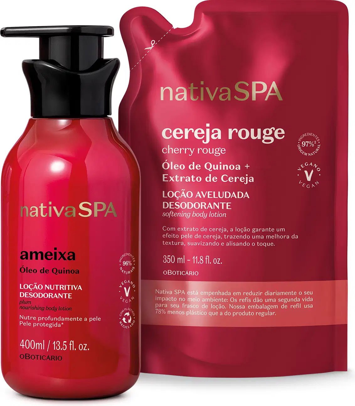 Imagem de duas embalagens contendo loção hidratante corporal Nativa SPA, sendo um frasco roxa com tampa preta da linha Ameixa e um sachê vermelho da linha Cereja Rouge.