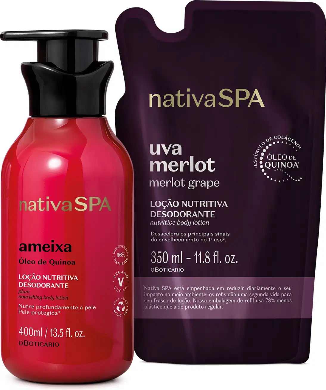 Imagem de duas embalagens contendo loção hidratante corporal Nativa SPA: um frasco vermelho com tampa preta da linha Ameixa e um refil em sachê roxo da linha Uva Merlot.