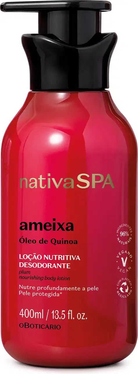 Imagem de um frasco vermelho com tampa preta e letras douradas, pretas e brancas contendo 400ml de loção hidratante corporal Nativa SPA Ameixa.
