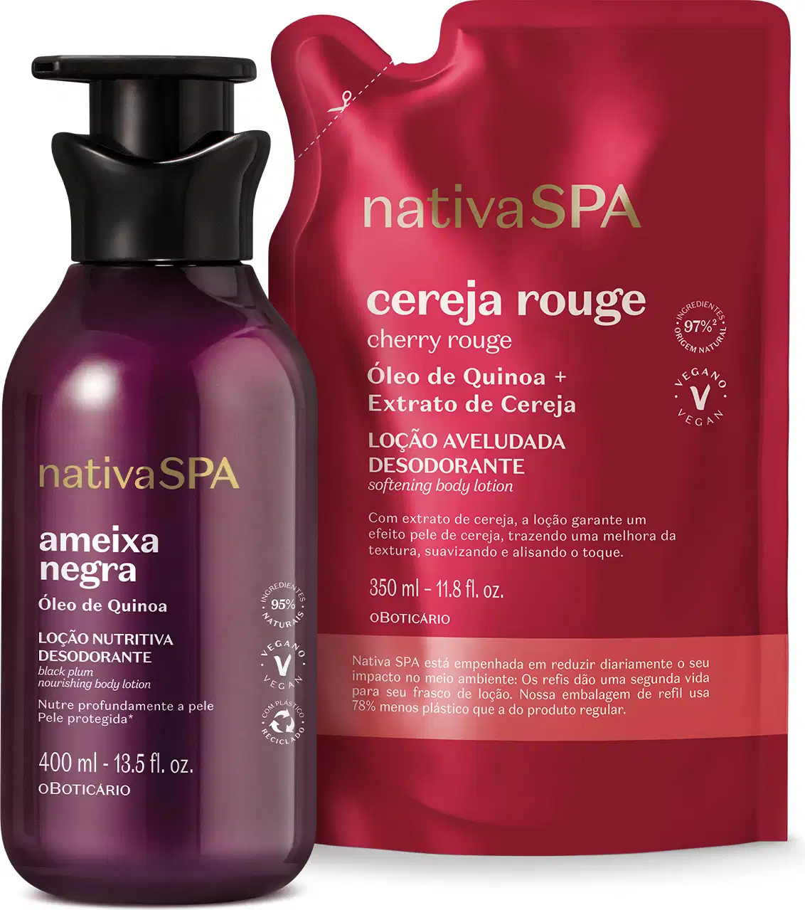 Imagem de duas embalagens de loção hidratante corporal Nativa SPA, sendo um frasco roxo com tampa preta da linha Ameixa Negra e um sachê vermelho da linha Cereja Rouge.