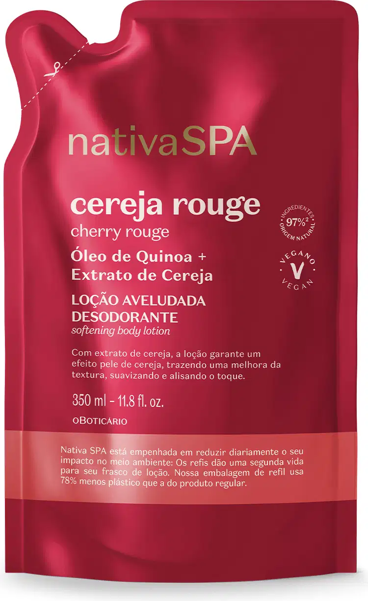 Imagem de um refil de 350ml contendo loção hidratante corporal Nativa SPA Cereja Rouge em sachê vermelho, detalhe rosa e letras brancas.