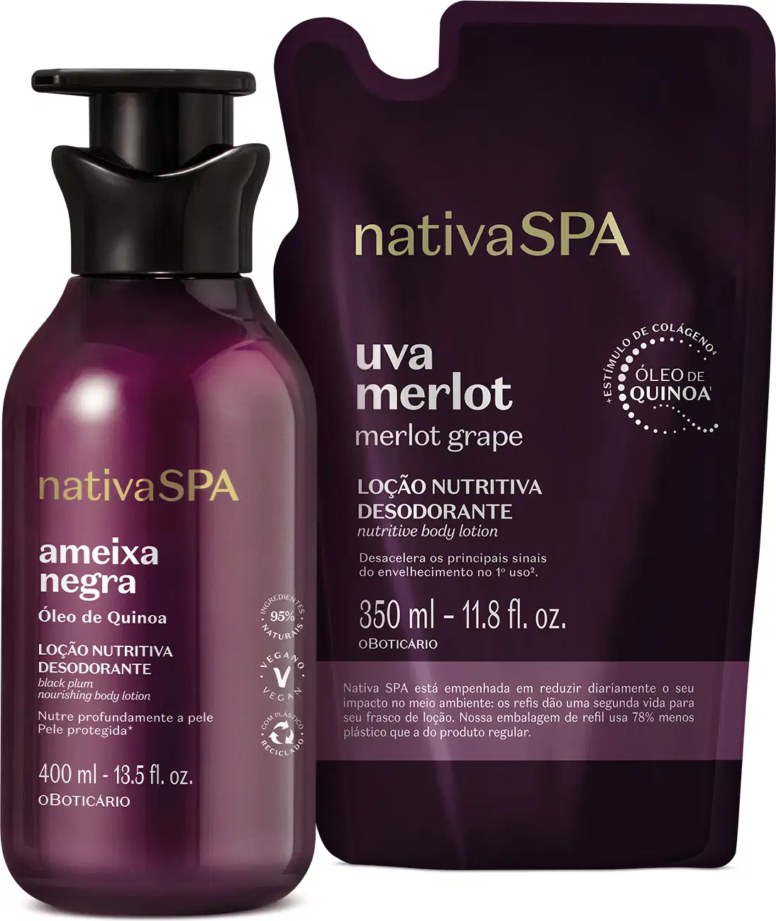 Imagem de duas embalagens contendo loção hidratante corporal Nativa SPA, sendo um frasco roxo com bomba dosadora preta da linha Ameixa Negra e um sachê roxo da linha Uva Merlot.