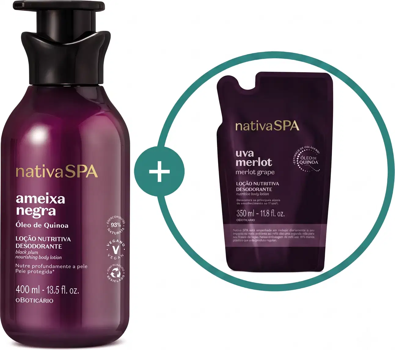 Imagem de duas embalagens contendo loção hidratante corporal Nativa SPA, sendo um frasco roxo com bomba dosadora preta da linha Ameixa Negra e um sachê roxo da linha Uva Merlot.