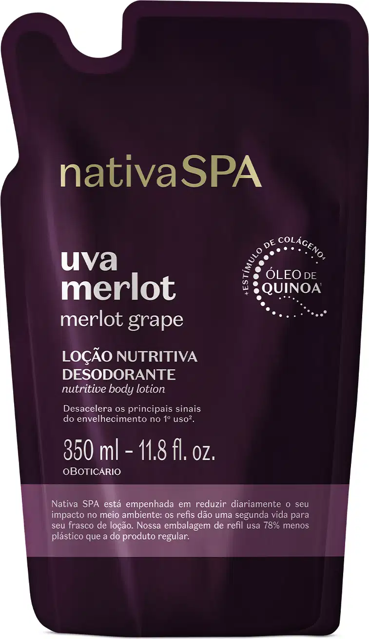 Imagem de um refil da loção hidratante corporal da marca Nativa SPA Uva Merlot em sachê roxo com detalhe lilás e letras douradas e brancas.