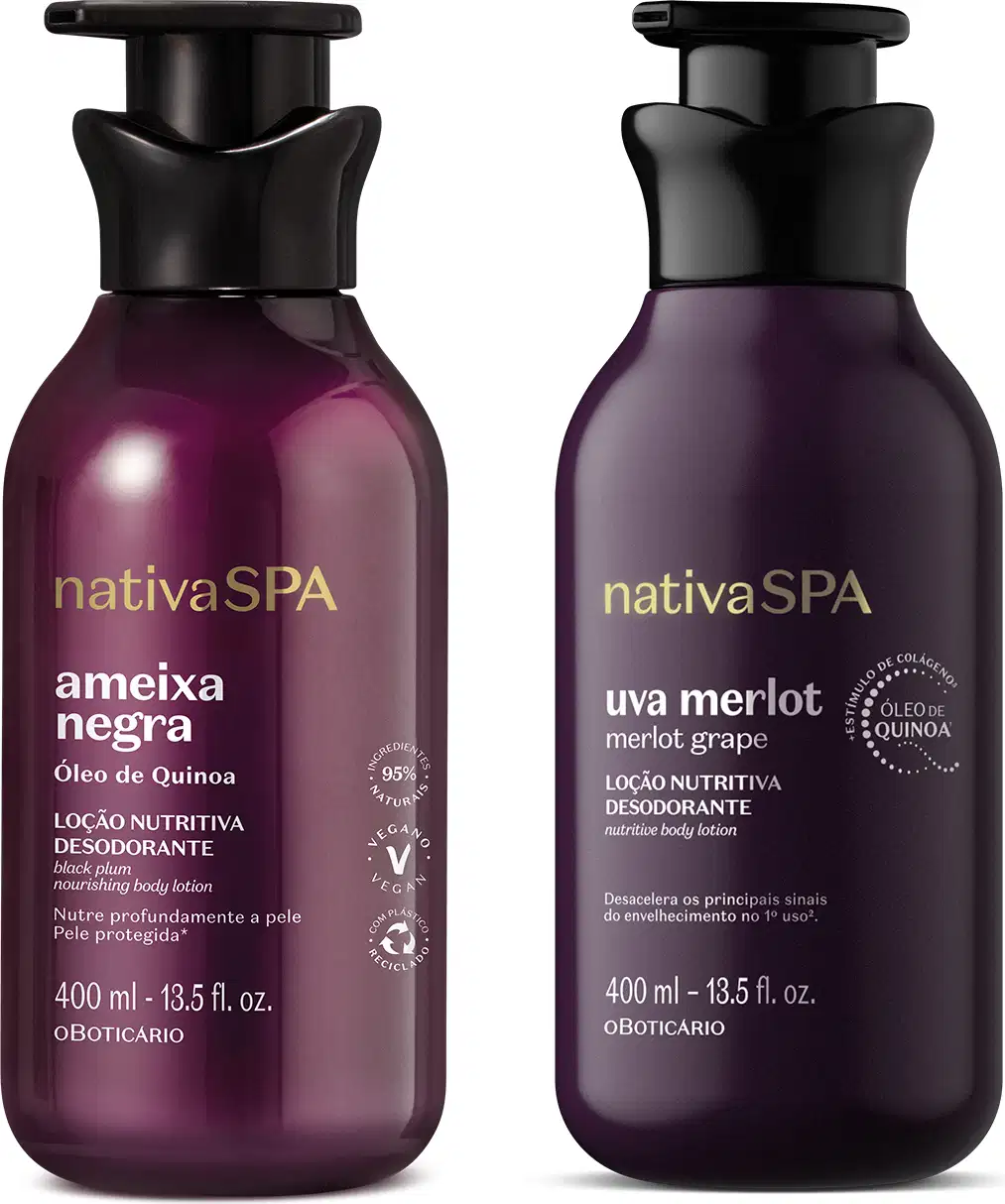 Imagem de dois frascos em dois tons diferentes de roxo com tampa preta e letras douradas e brancas contendo loção hidratante corporal Nativa SPA, sendo uma da linha Ameixa Negra e outra da linha Uva Merlot.