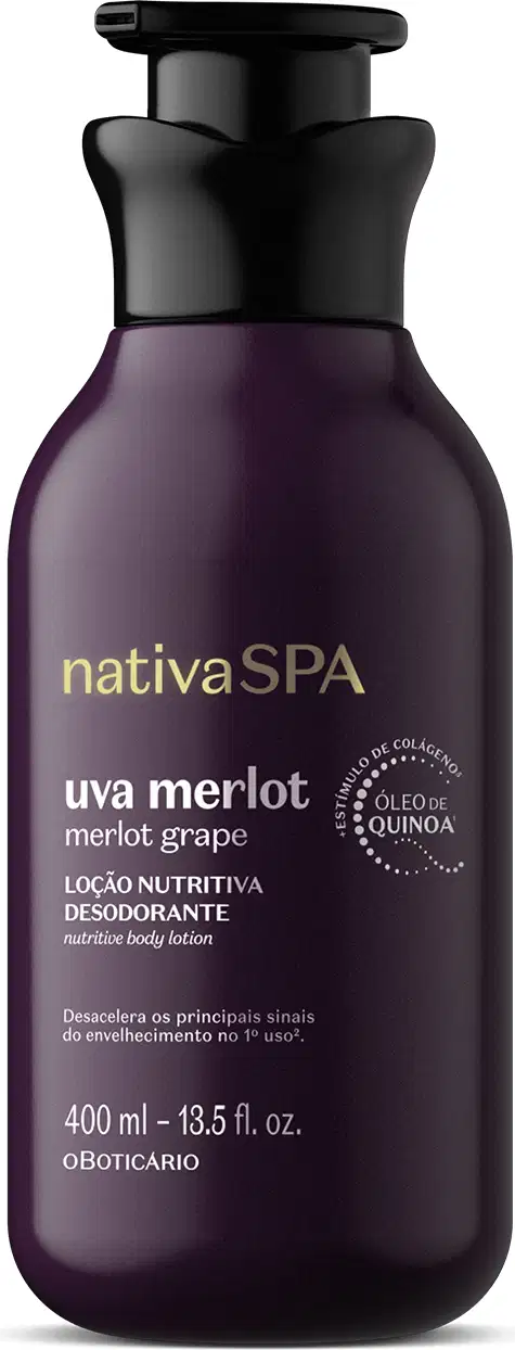 Imagem de um frasco de 400ml na cor roxa, tampa dosadora preta e letras douradas e brancas contendo loção hidratante corporal da marca Nativa SPA Uva Merlot.