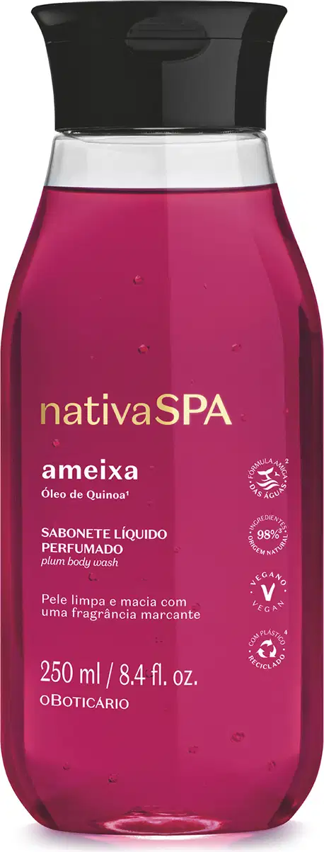 Imagem de um frasco transparente de 250ml com sabonete líquido Nativa SPA Ameixa na cor rosa vibrante, tampa preta e letras douradas e brancas.