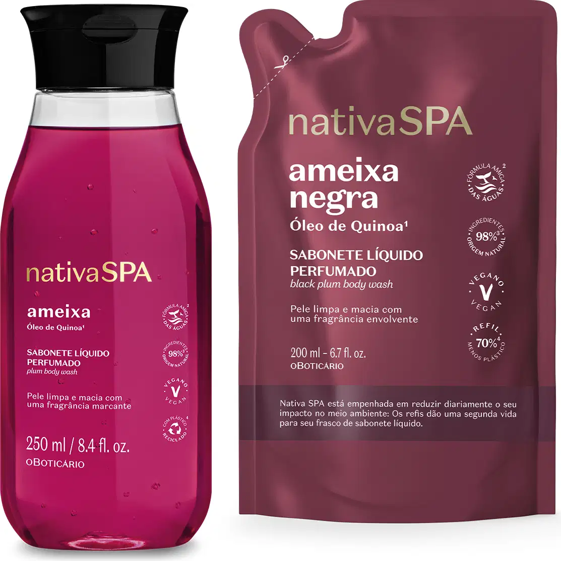 Imagem de dois frascos de sabonete líquido perfumado da marca Nativa SPA, um em frasco transparente com sabonete rosa da linha Ameixa e outro em embalagem plástica vinho da marca Ameixa Negra.