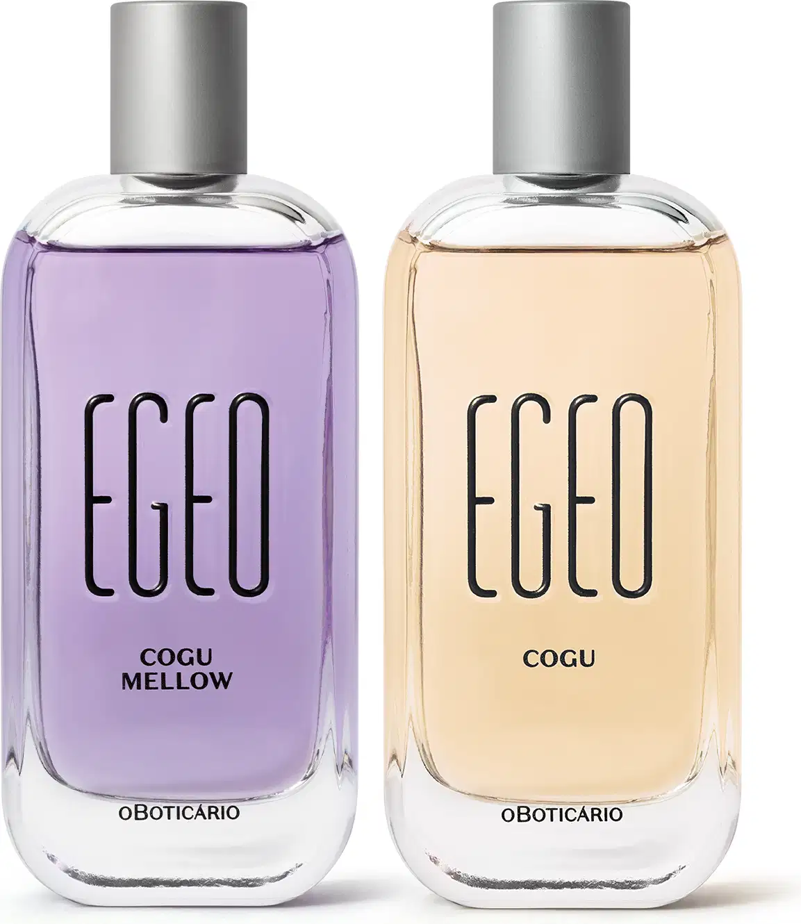 Imagem de dois vidros transparentes com cantos arredondados e tampa prateada contendo 100ml de desodorantes colônias da marca Egeo, um com líquido azul da linha Cogu Mellow e outro com líquido amarelo da linha Cogu.