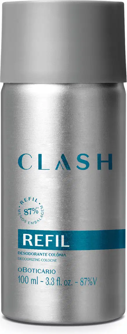 Imagem de um frasco refil de 100ml de desodorante colônia da marca Clash, com design metálico prateado e rótulo azul.