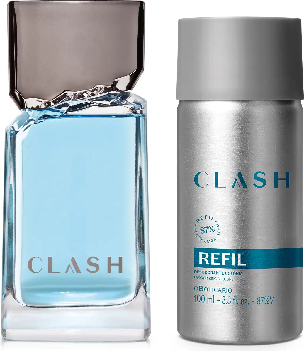Imagem de dois frascos contendo 100ml de desodorante colônia da marca Clash: um frasco transparente com líquido azul claro e tampa cinza e outro frasco de metal prateado com rótulo azul.