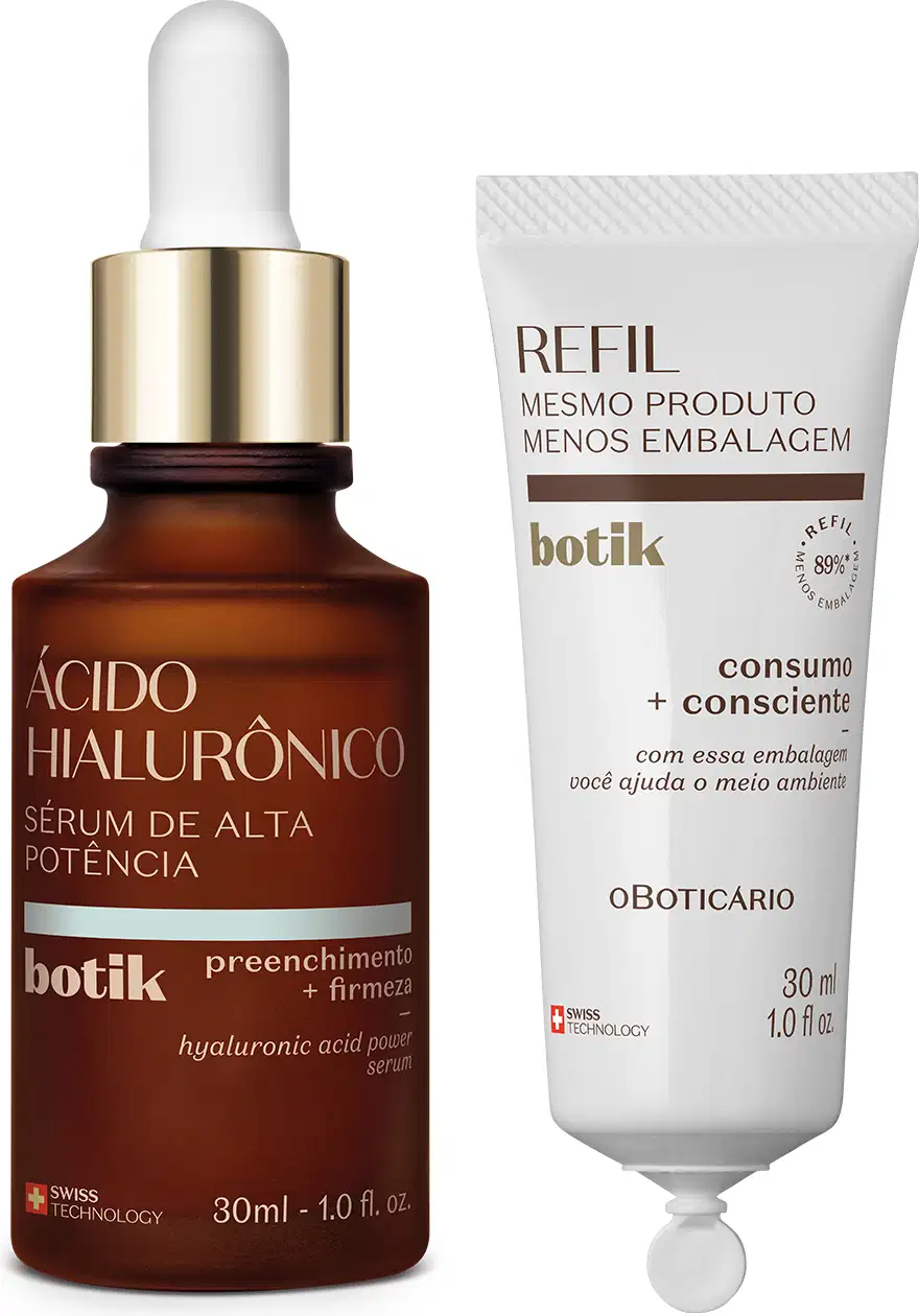 Imagem de dois produtos contendo 30ml de sérum facial de alta potência da marca Botik Ácido Hialurônico: um vidro marrom com conta-gotas branco e um refil em bisnaga branca com texto em letras na cor marrom.