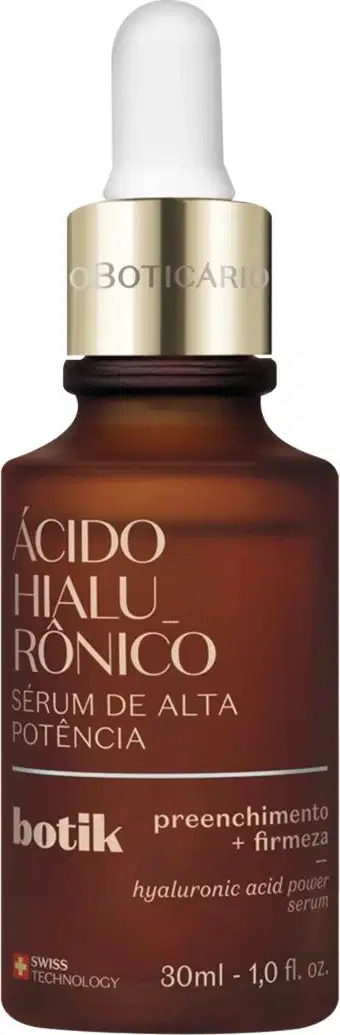 Imagem de um frasco de vidro marrom com conta-gotas branco e tampa dourada, rótulo com letras amarelas, contendo 30ml de sérum facial de alta potência da marca Botik Ácido Hialurônico.