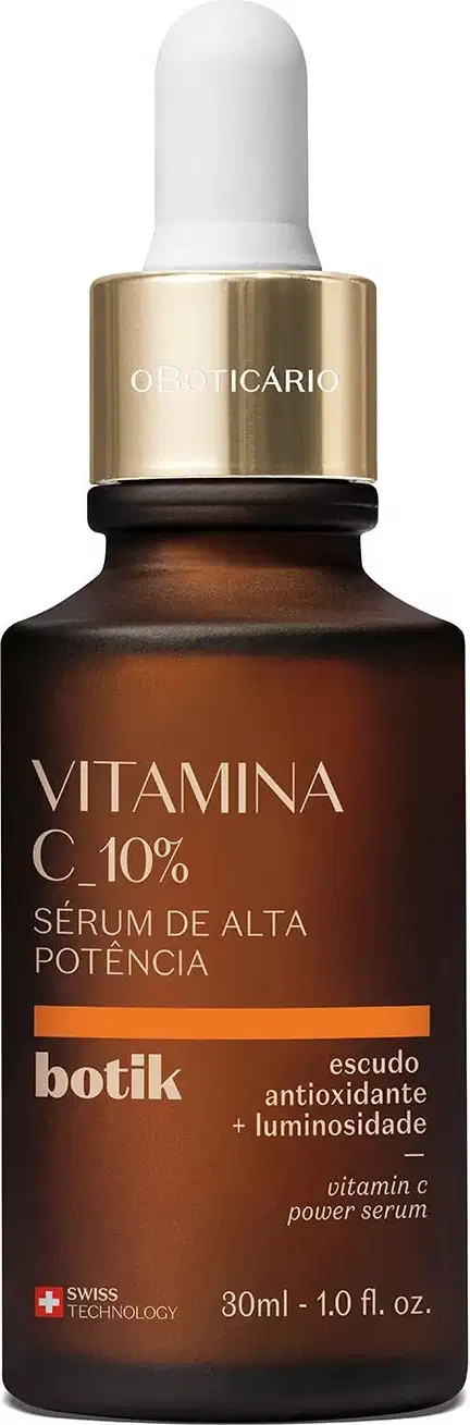 Imagem de um frasco de vidro marrom com conta-gotas branco e detalhe dourado contendo 30ml de sérum de alta potência da marca Botik Vitamina C, com rótulo amarelo e laranja destacando propriedades antioxidantes e luminosidade.
