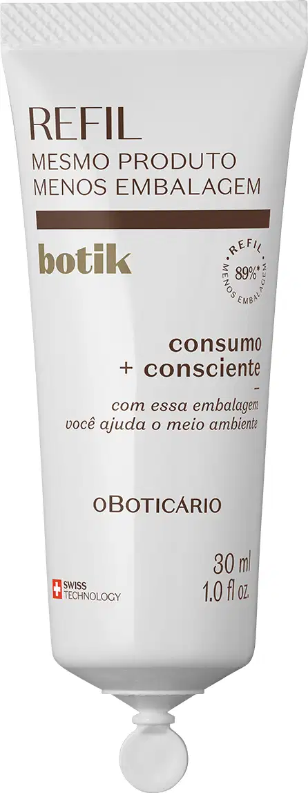 Imagem de um refil de sérum de alta potência da marca Botik Vitamina C, em embalagem branca contendo 30 ml do produto, com rótulo em texto marrom.