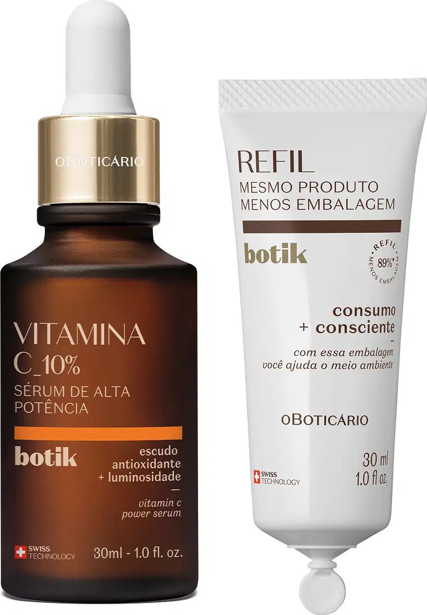 Imagem de dois frascos contendo 30ml de sérum de alta potência da marca Botik Vitamina C, sendo um frasco marrom com detalhe prateado, conta-gotas branco e rótulo laranja e amarelo, e um refil em bisnaga branca com rótulo em marrom.