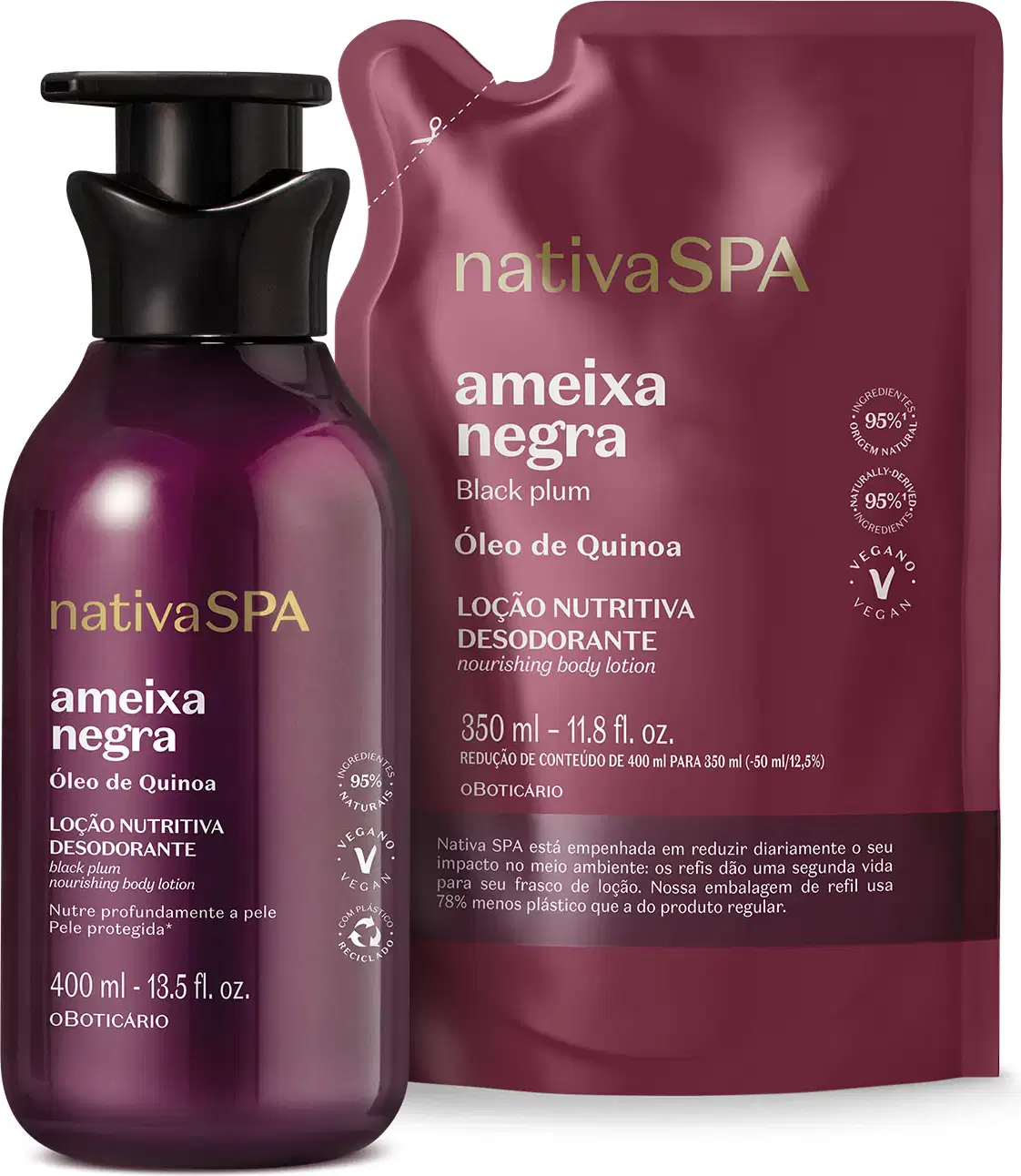 Imagem de dois itens da marca Nativa SPA Ameixa Negra: frasco de loção corporal na cor roxa com tampa preta e refil do mesmo produto em embalagem sachê na cor roxa e texto em branco.