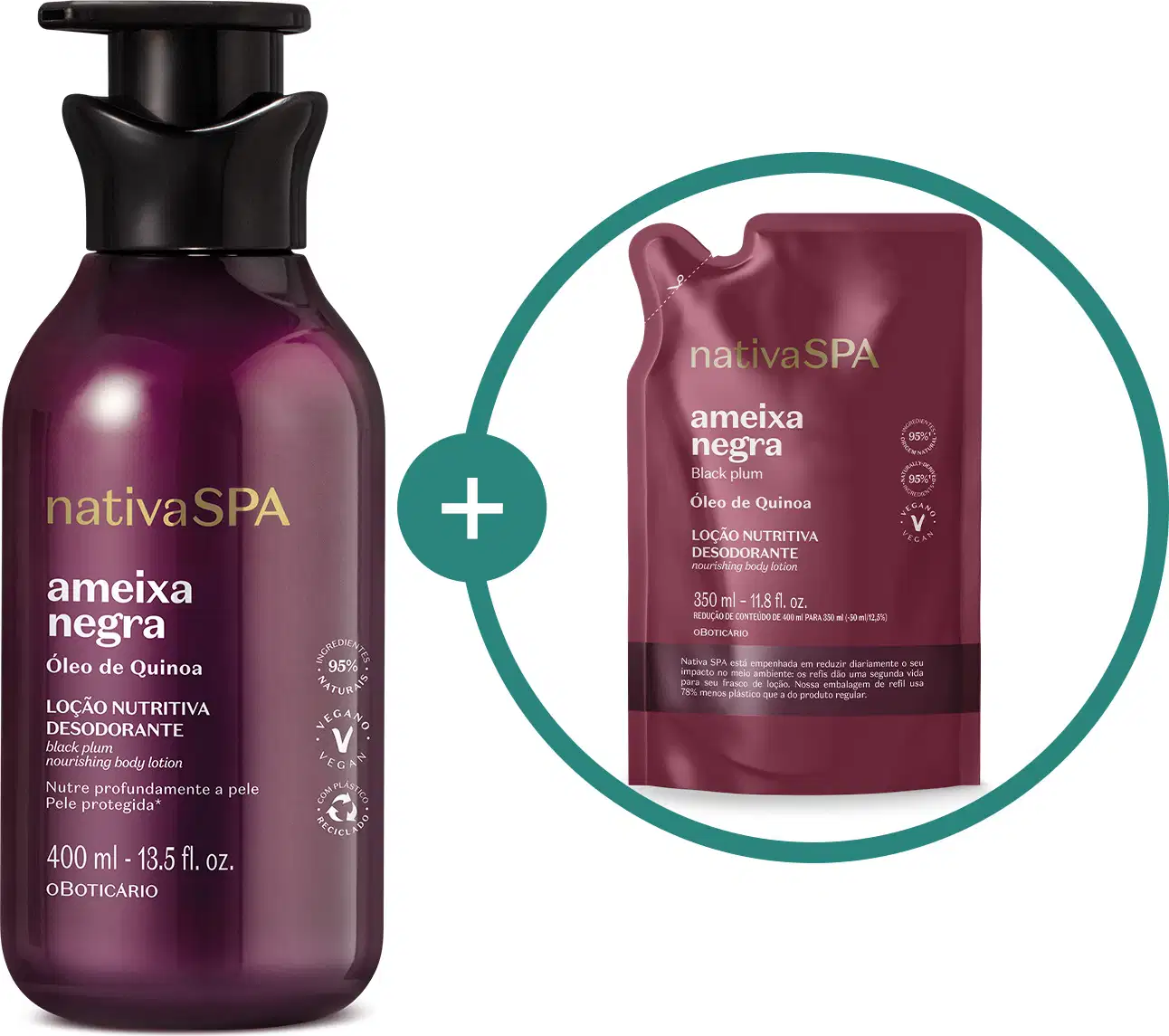 Imagem de dois itens da marca Nativa SPA Ameixa Negra: frasco de loção corporal na cor roxa com tampa preta e refil do mesmo produto em embalagem sachê na cor roxa e texto em branco.