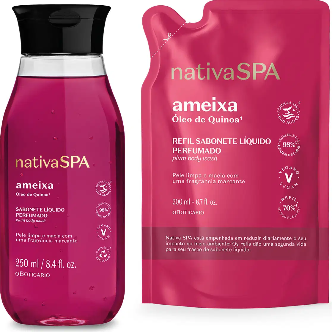 Imagem de dois itens Nativa SPA Ameixa: um frasco com tampa preta de 250 ml de sabonete líquido perfumado e um refil de 200 ml do mesmo produto, ambos na cor rosa vibrante com rótulos em branco e dourado.