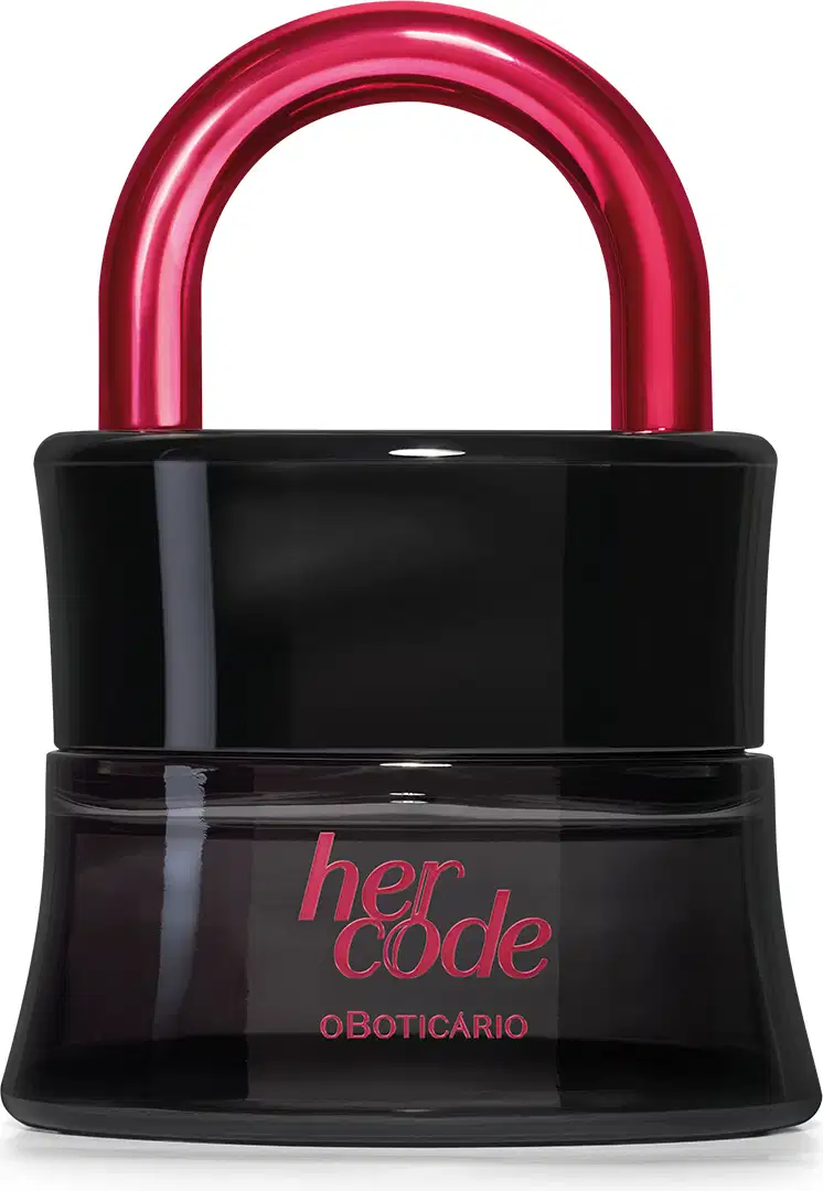 Imagem de um vidro preto 50ml de em formato de cadeado com arco rosa metalizado e rótulo na mesma cor contendo Eau de Parfum Her Code Clímax.