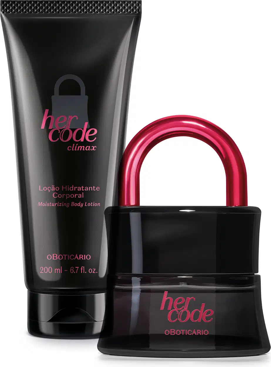 Imagem de uma bisnaga preta e texto rosa metalizado com loção corporal Her Code Clímax e vidro preto em formato de cadeado com detalhe também rosa metalizado de Eau de Parfum da mesma marca.