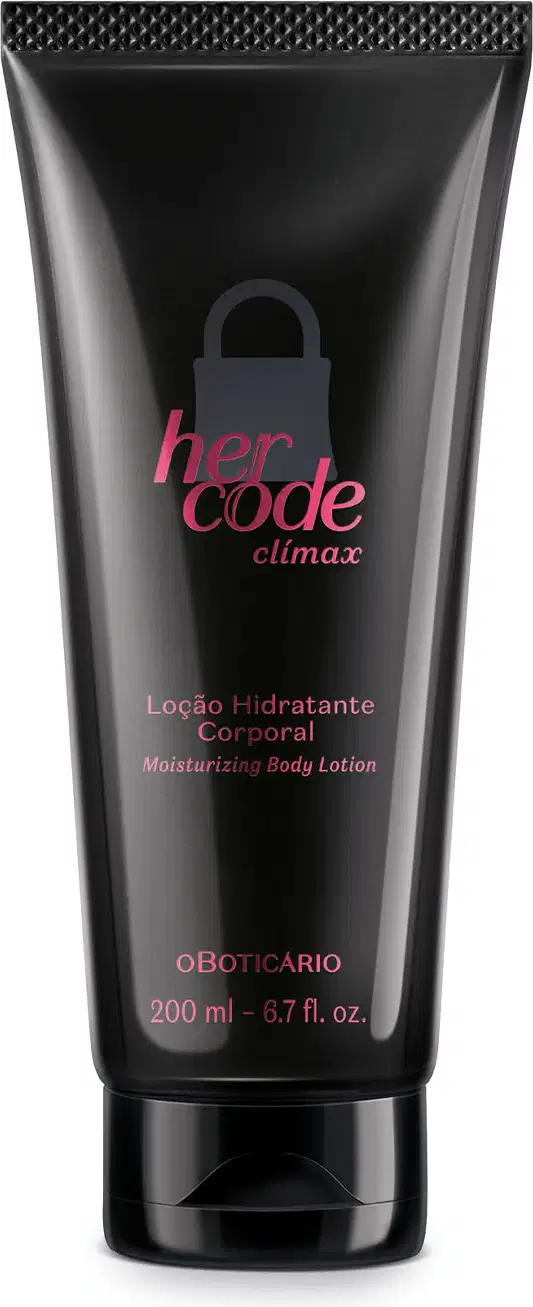 Imagem de uma bisnaga de 200ml na cor preta e texto na cor rosa metalizado contendo loção hidratante corporal da marca Her Code Clímax.