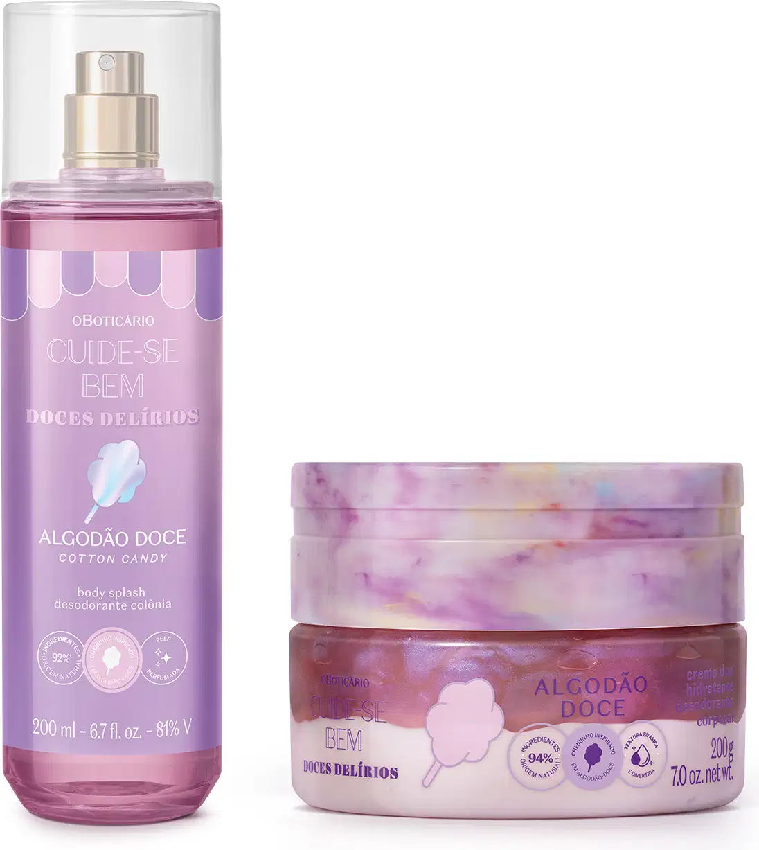 Imagem de dois produtos da linha Cuide-se Bem Algodão Doce, sendo um frasco transparente com líquido lilás contendo body splash e um pote em tons de lilás de creme duo hidratante, ambos com algodão doce ilustrado no rótulo.