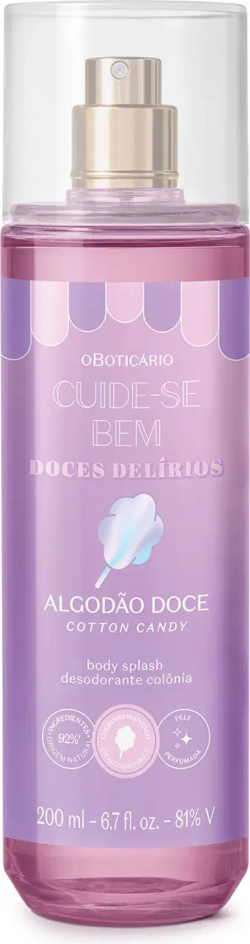 Imagem de um frasco transparente com líquido lilás, borrifador prateado, tampa transparente e rótulo lilás com algodão doce ilustrado e letras brancas, contendo 200ml de body splash da marca Cuide-se Bem Algodão Doce.