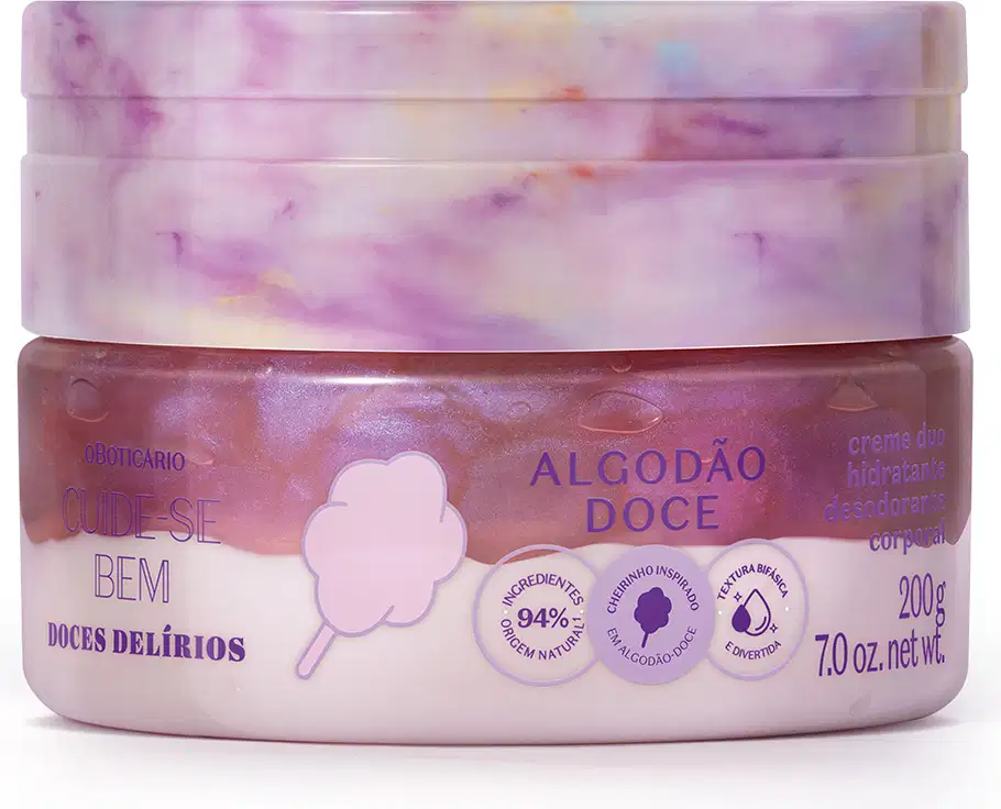 Imagem de um pote de 200g contendo creme duo hidratante corporal da marca Cuide-se Bem Algodão Doce. A embalagem é em tons de roxo e lilás e tem um algodão doce ilustrado.
