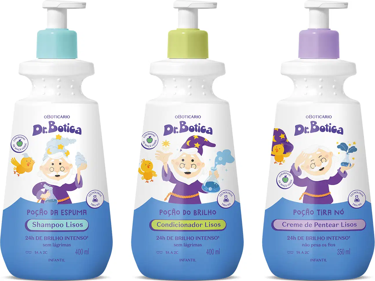 Imagem de três frascos de itens infantis Dr. Botica: shampoo, condicionador e creme de pentear, com embalagens coloridas em tons de azul, verde, amarelo  e lilás, com ilustrações de personagens e textos informativos sobre os benefícios do produto.