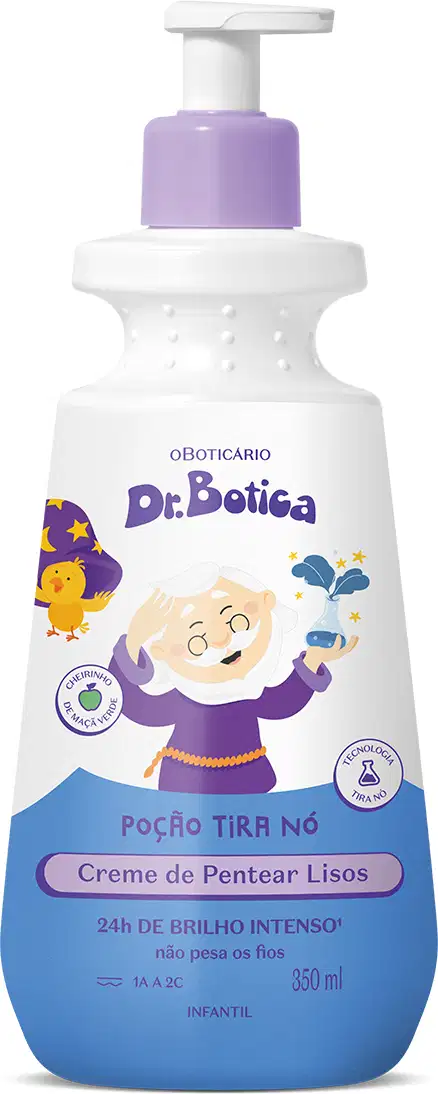 Imagem de frasco branco com bomba doseadora lilás e rótulo azul com personagem da marca ilustrado, contendo 400ml de creme de pentear infantil para cabelos lisos da marca Dr. Botica.