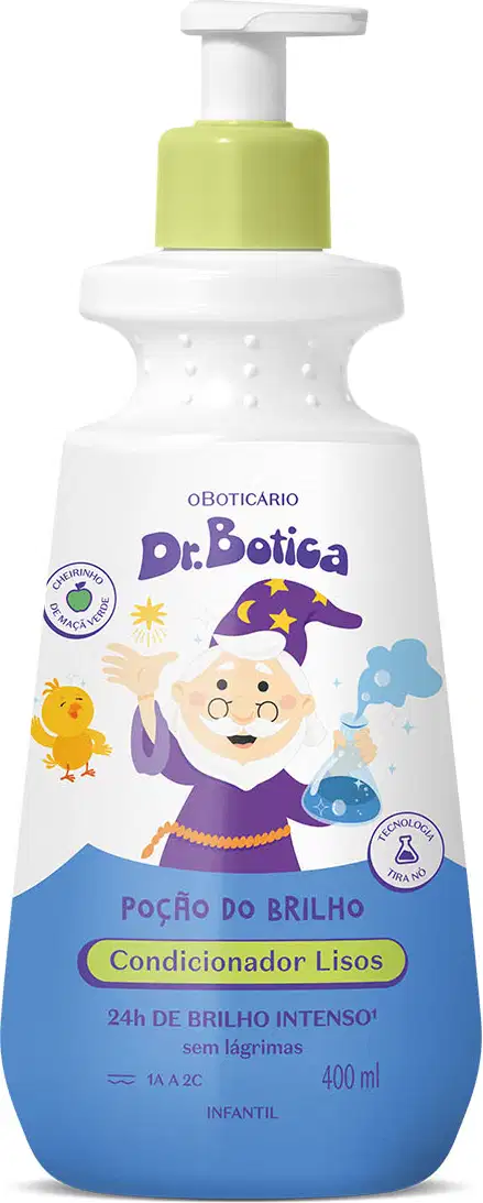 Imagem de um frasco branco de 400ml contendo condicionador infantil Cabelos Lisos Dr. Botica. A embalagem tem cor branca, tampa dosadora amarela e rótulo em azul com um passarinho e um senhor de barba branca e roupa azul ilustrando.